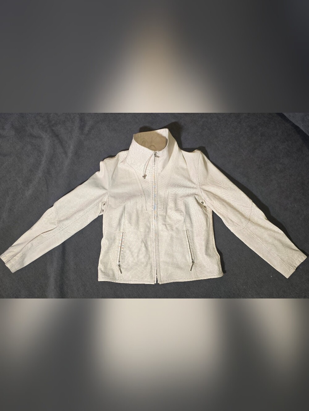 Wilsons Leather Pelle Studio White Perforated Full Zip Jacket Funnel Neck L